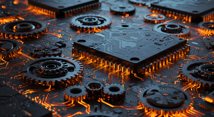 Poster - Complex Circuit Board with Microchips and Gears Illuminated by Orange Light Techscape