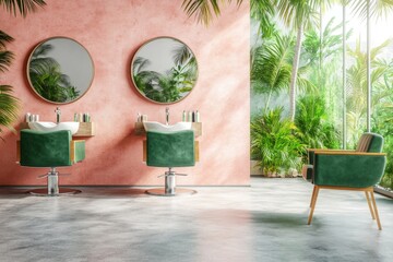 Poster - A mockup wall provides the setting for a pink beauty salon equipped with a row of chairs, a mirror, and a panoramic window