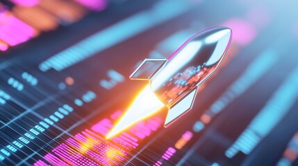 Poster - Financial growth concept, chrome rocket soaring upward, depicting dynamic high-frequency trading data, symbolizing rapid market advancement and investment success.