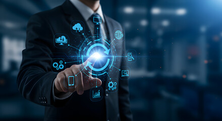 Poster - Businessman Touching Digital Display with Circular Arrow and Tech Icons on a Dark Blue Background