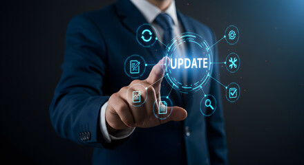 Poster - Business Man Touching Digital Update Icon in Blue Suit with Dark Background
