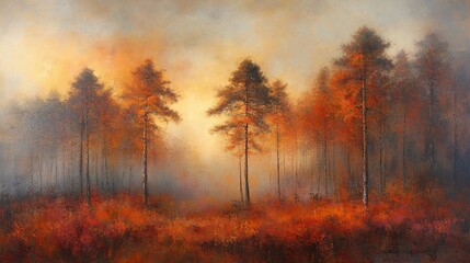 Wall Mural - autumnal forest landscape, a serene scene of trees bathed in warm, golden light