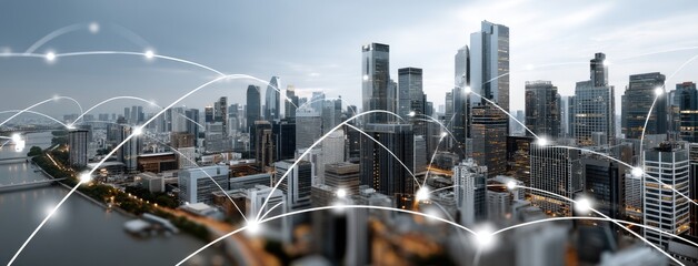 Poster - Aerial view reveals a vibrant smart city, showcasing digital networks connecting buildings against a bright blue sky