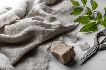 Poster - Natural linen fabric with scissors and green leaves on a white background, showing the texture and detail of the woven material, elegant design, soft folds.