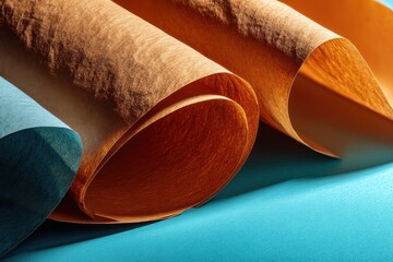 Poster - A close-up shot of textured paper sheets in brown and blue, with dynamic folds, creating an abstract composition and showcasing light interplay and artistic flair.