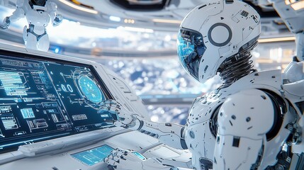Poster - Futuristic office conflict in a space station, holographic screens displaying data, a floating HR robot attempting to mediate the escalating tension among staff.