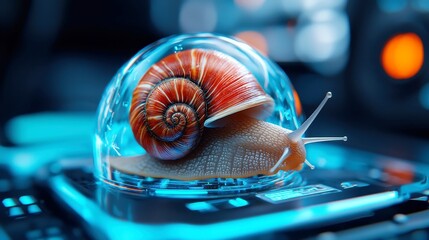 Poster - Giant snail in a glass dome server room, entangled in wires, struggling with a massive download, creating an unusual blend of technology and nature in a confined space