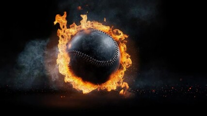 Poster - Dramatic Baseball in Fire with Glowing Flames Illuminating the Dark Background, Capturing the Intensity of the Game and Motion Energy