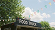 © abu - Black Food Truck Under a Partly Cloudy Sky Decorated with Colorful Pennant Flags and Trees