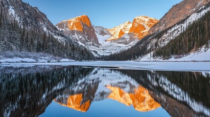 Wall Mural - reflection of the mountains in the lake at sunrise in winter, with the lake in the foreground and a 