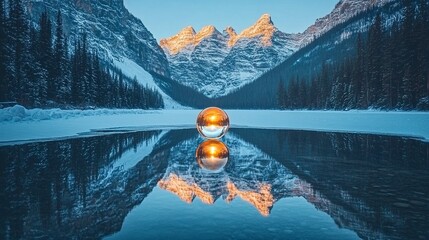 Wall Mural - reflection of the mountains in the lake at sunrise in winter, with the lake in the foreground and a 