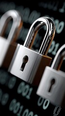 Poster - Symbolizing cybersecurity, a padlock against a blue backdrop highlights data protection technology with binary code elements