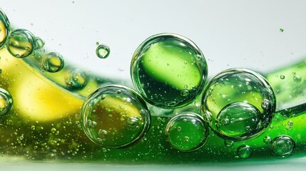 Poster - Vibrant green and yellow bubbles swirling across liquid surface, generating iridescent abstract patterns with dynamic light reflections and prismatic refractions