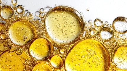 Poster - Golden oil droplets swirling, merging into mesmerizing abstract patterns against white surface, revealing intricate fluid dynamics and luminous light interactions