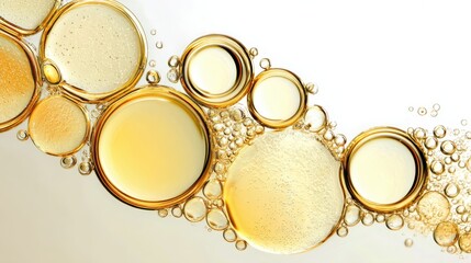 Poster - Golden oil droplets swirling, bubbling across white surface, generating dynamic abstract pattern with flowing liquid texture and rhythmic visual energy