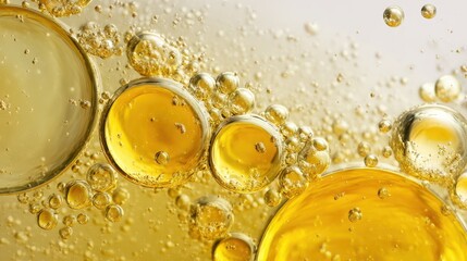 Poster - Golden oil bubbles of various sizes are creating an abstract pattern on the surface of a liquid, showcasing a mesmerizing interplay of light, color, and texture