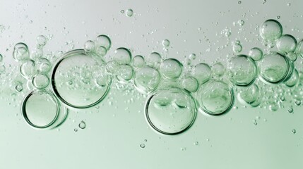 Poster - Numerous green bubbles of varying sizes float upwards in a clear liquid, forming a tranquil and pure chain like pattern