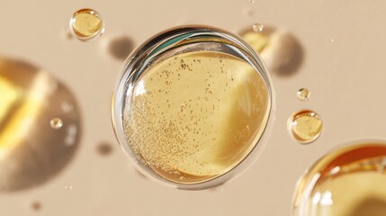 Poster - Golden serum droplets creating bubbles with tiny particles on a beige background, highlighting a large central bubble, suggestive of a cosmetic or skincare product