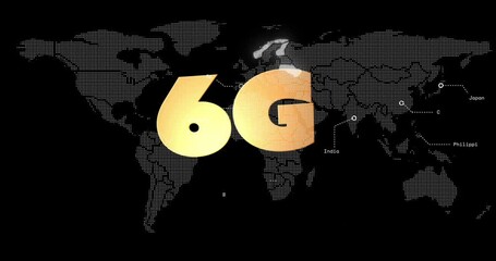 Poster - golden-gradient 6g symbol radiating connectivity over dotted world map, showing 3d circular markers