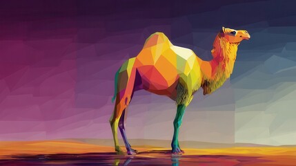 Poster - colorful geometric stylized camel in a desert scene.
