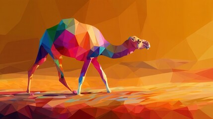 Poster - colorful polygonal camel traversing a vibrant desert landscape.