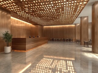 Poster - 3D rendering of a luxury hotel lobby interior with wooden and metal decorations, a large hall for group events with tables and chairs in front of the reception desk. A modern design