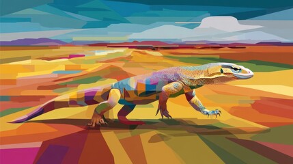 Poster - colorful lizard traversing a vibrant desert landscape.