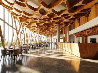Poster - 3D rendering of a luxury hotel lobby interior with wooden and metal decorations, a large hall for group events with tables and chairs in front of the reception desk. A modern design