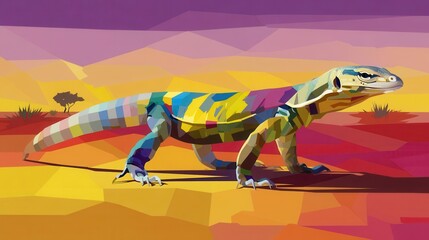 Poster - colorful lizard in a low-poly desert landscape.