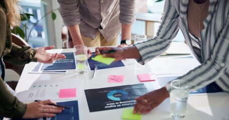 Aufkleber - Meeting, documents and hands of business people in office for planning, project review and statistics. Marketing, teamwork and men and women in discussion with infographic, sticky notes and ideas