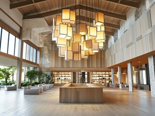 Poster - 3D rendering of a luxury hotel lobby interior with wooden and metal decorations, high ceilings, and a modern design featuring a hanging chandelier. The space includes a modern lounge area for socializ