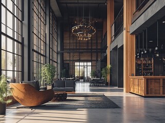 Poster - 3D rendering of a luxury hotel lobby interior with wooden and metal decorations, high ceilings, and a modern design featuring a hanging chandelier. The space includes a modern lounge area for socializ