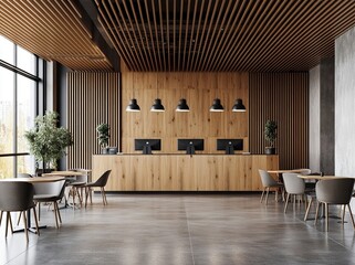 Poster - 3D rendering of a luxury hotel lobby interior with wooden and metal decorations, a large hall for group events with tables and chairs in front of the reception desk. A modern design concept