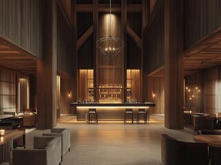 Poster - 3D rendering of a luxury hotel lobby interior with wooden wall panels and a metal chandelier. There is an open space in the middle for socializing, a seating area around tables, a bar counter, 