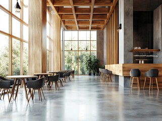 Poster - 3D rendering of a luxury hotel lobby interior with wooden and metal decorations, a large hall for group events with tables and chairs in front of the reception desk. A modern design concept for a busi