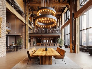 Poster - 3D rendering of a luxury hotel lobby interior with wooden and metal decorations, high ceilings, and a modern design featuring a hanging chandelier. The space includes a modern lounge area for socializ