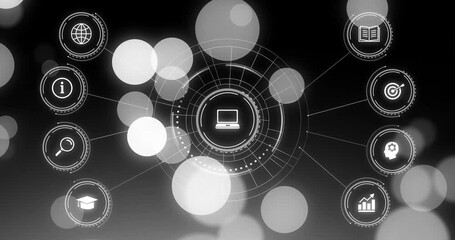 Poster - Animated illustration showing laptop icon floating in HUD circles connecting to eight icons