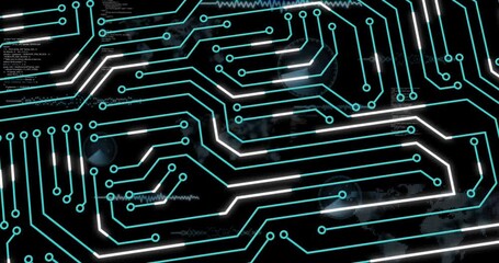 Poster - Visualizing glowing turquoise and white circuit grid spanning screen showing code and HUD overlays