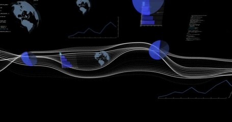 Poster - Flowing white dotted waves being rendered on dark background, highlighting blue circles and charts