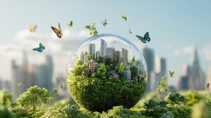 Poster - Artistic eco globe with green lands, trees, flying butterflies and homes