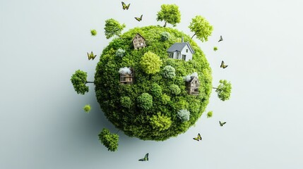 Poster - Artistic eco globe with green lands, trees, flying butterflies and homes