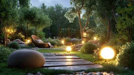Poster - Backyard scene with path lights creating a cozy evening atmosphere in a luxurious garden.