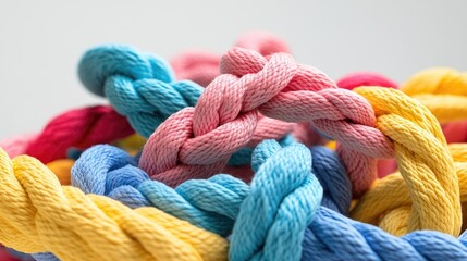 Poster - Close-up of vivid ropes intertwined on white, representing collaboration, diversity, and togetherness.