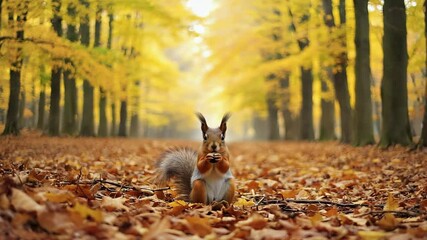 Aufkleber - A squirrel eating a nut under a golden canopy.

