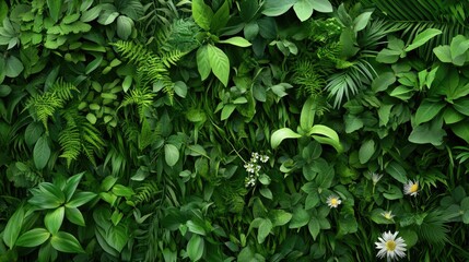 Poster - Dense foliage wall with layered leaves and flowers, creating a vibrant green backdrop for visual projects