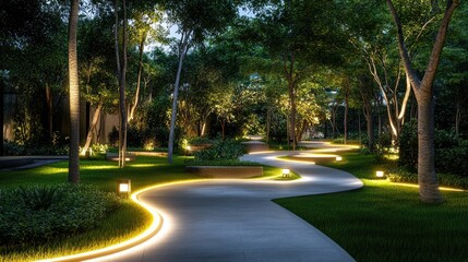 Poster - Dusk in a modern home garden with illuminated paths, trees, and lawn areas in stylish lighting.