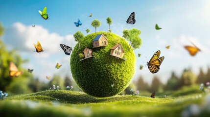 Poster - eco concept of a green earth nestled with trees, cottages, and fluttering butterflies