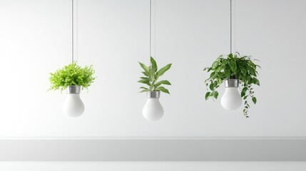Poster - Eco lighting idea with leafy bulbs floating on bright white studio background