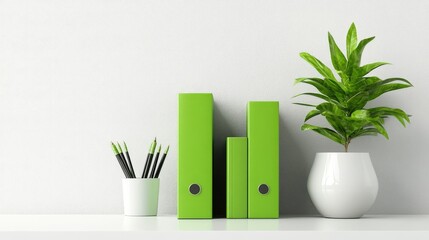 Poster - Eco-inspired shelf setup with matching green binders and plant in ceramic pot, bright office mood