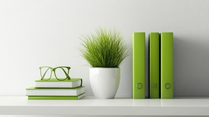 Poster - Eco-inspired shelf setup with matching green binders and plant in ceramic pot, bright office mood